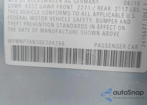 2011 Volkswagen Cc Sport z USA, uszkodzony, nr VIN WVWNP7AN3BE704266